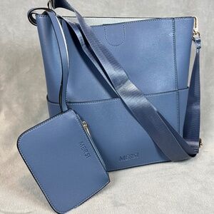Mersi Vegan Leather Demi Bucket Bag w/ Fabric Strap & Small Pouch Like New